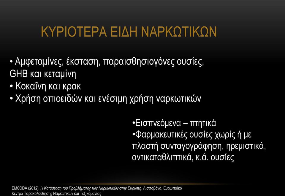 πλαστή συνταγογράφηση, ηρεμιστικά, αντικαταθλιπτικά, κ.ά. ουσίες EMCDDA (2012).