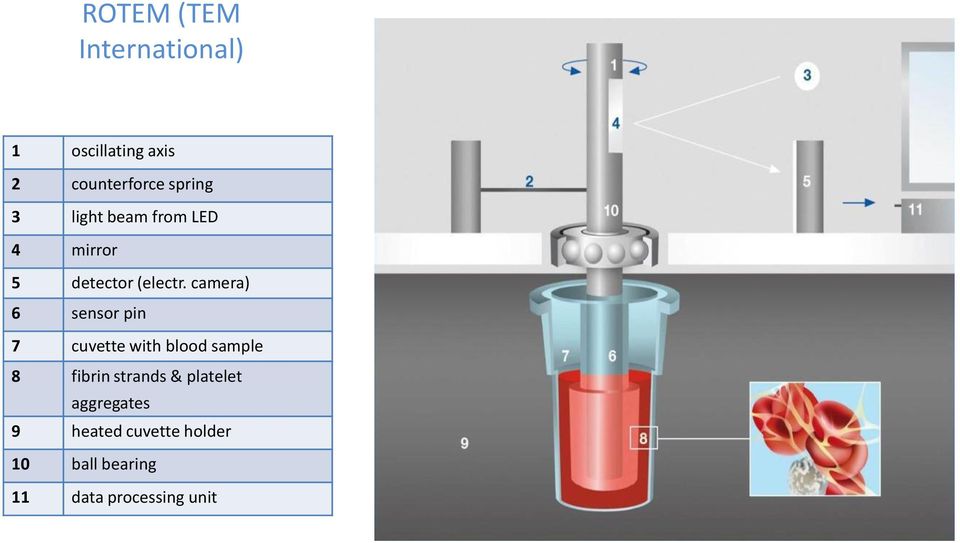 camera) 6 sensor pin 7 cuvette with blood sample 8 fibrin strands &