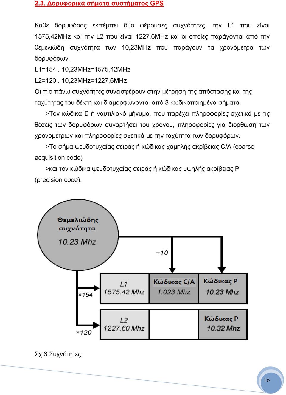 10,23MHz=1227,6MHz Οι πιο πάνω συχνότητες συνεισφέρουν στην μέτρηση της απόστασης και της ταχύτητας του δέκτη και διαμορφώνονται από 3 κωδικοποιημένα σήματα.