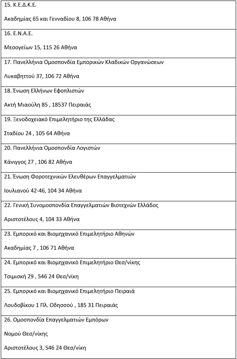 Ένωση Φοροτεχνικών Ελευθέρων Επαγγελματιών Ιουλιανού 42-46, 104 34 Αθήνα 22. Γενική Συνομοσπονδία Επαγγελματιών Βιοτεχνών Ελλάδος Αριστοτέλους 4, 104 33 Αθήνα 23.