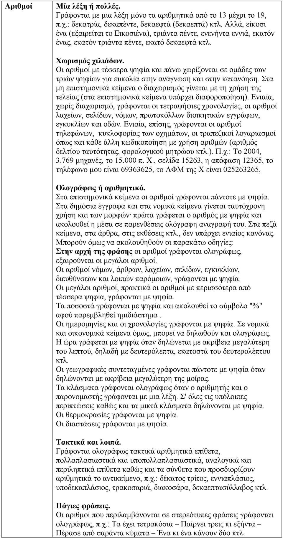 Οι αριθμοί με τέσσερα ψηφία και πάνω χωρίζονται σε ομάδες των τριών ψηφίων για ευκολία στην ανάγνωση και στην κατανόηση.