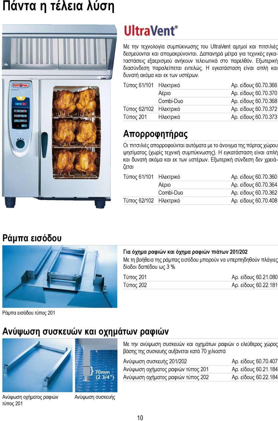 Τύπος 61/101 Ηλεκτρικό Αρ. είδους 60.70.366 Αέριο Αρ. είδους 60.70.370 Combi-Duo Αρ. είδους 60.70.368 Τύπος 62/102 Ηλεκτρικό Αρ. είδους 60.70.372 Τύπος 201 Ηλεκτρικό Αρ. είδους 60.70.373 Απορροφητήρας Οι πιτσιλιές απορροφούνται αυτόματα με το άνοιγμα της πόρτας χώρου ψησίματος (χωρίς τεχνική συμπύκνωσης).