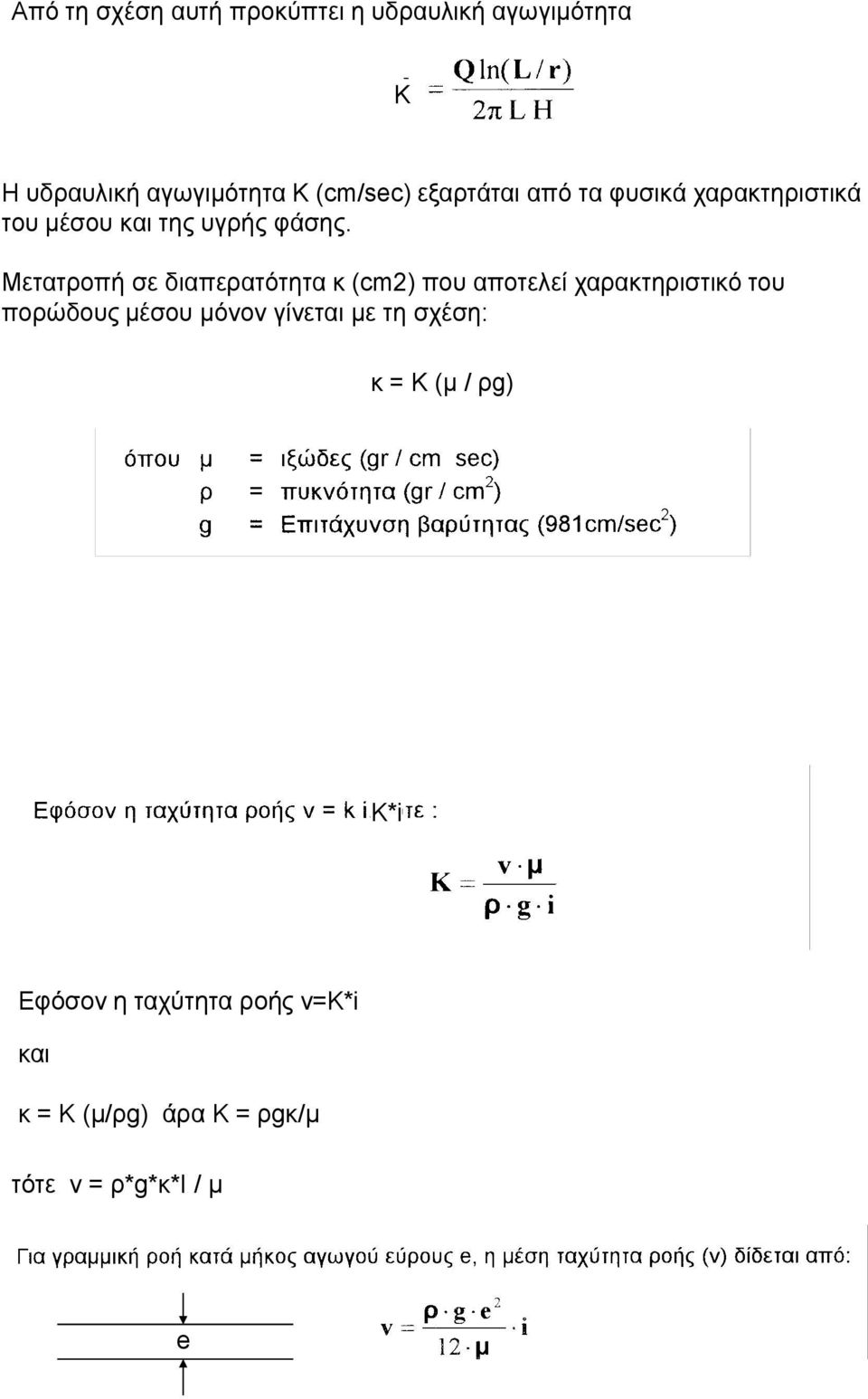 Μετατροπή σε διαπερατότητα κ (cm2) που αποτελεί χαρακτηριστικό του πορώδους μέσου μόνον