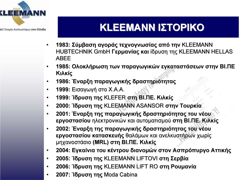 ΠΕ. Κιλκίς 2002: Έναρξη της παραγωγικής δραστηριότητας του νέου εργοστασίου κατασκευής θαλάµων και ανελκυστήρων χωρίς µηχανοστάσιο (MRL) στη ΒΙ.ΠΕ. Κιλκίς 2004: : Εγκαίνια του κέντρου διανοµών στον Ασπρόπυργο Αττικής 2005: Ίδρυση της KLEEMANN LIFTOVI στη Σερβία 2006: Ίδρυση της KLEEMANN LIFT RO στη Ρουµανία 2007: Ίδρυση της Moda Cabina