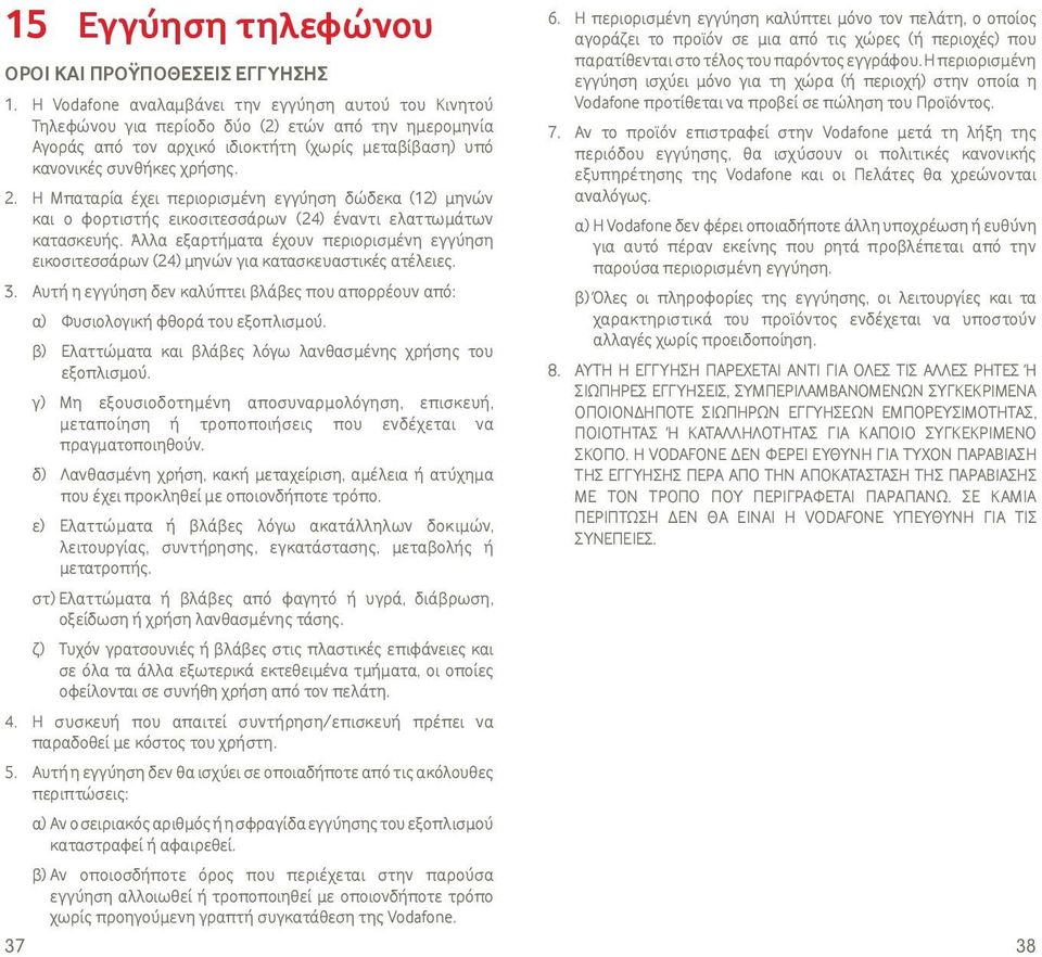 Η Μπαταρία έχει περιορισμένη εγγύηση δώδεκα (12) μηνών και ο φορτιστής εικοσιτεσσάρων (24) έναντι ελαττωμάτων κατασκευής.