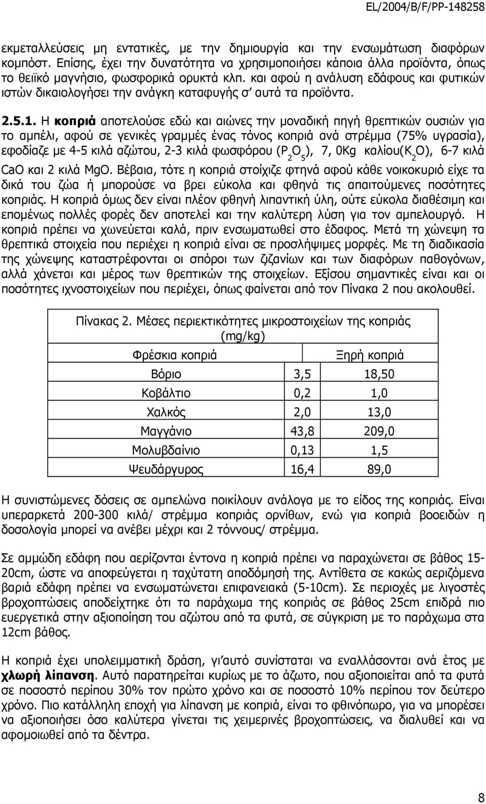 Η κοπριά αποτελούσε εδώ και αιώνες την µοναδική πηγή θρεπτικών ουσιών για το αµπέλι, αφού σε γενικές γραµµές ένας τόνος κοπριά ανά στρέµµα (75% υγρασία), εφοδίαζε µε 4-5 κιλά αζώτου, 2-3 κιλά