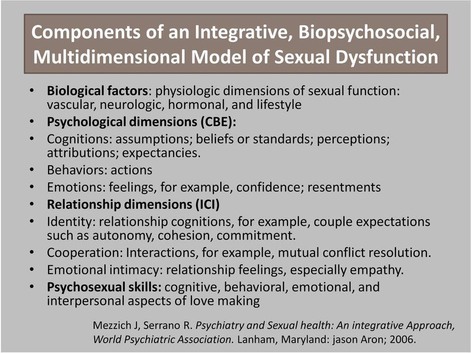 Behaviors: actions Emotions: feelings, for example, confidence; resentments Relationship dimensions (ICI) Identity: relationship cognitions, for example, couple expectations such as autonomy,