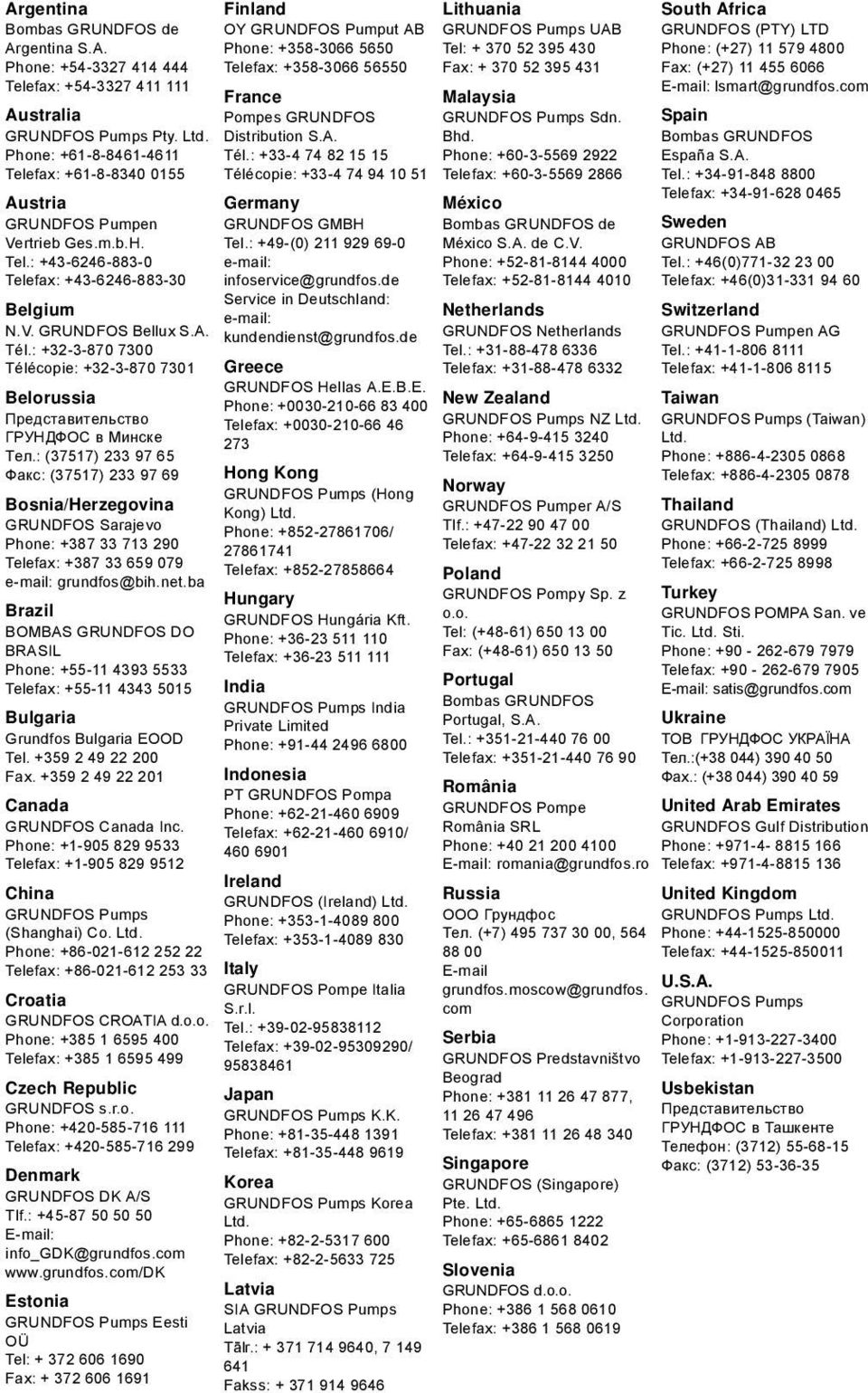 : +32-3-870 7300 Télécopie: +32-3-870 7301 Belorussia Представительство ГРУНДФОС в Минске Тел.
