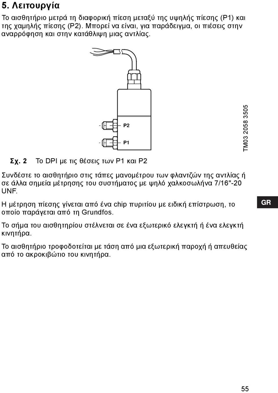 2 Το DPI με τις θέσεις των P1 και P2 Συνδέστε το αισθητήριο στις τάπες μανομέτρου των φλαντζών της αντλίας ή σε άλλα σημεία μέτρησης του συστήματος με ψηλό χαλκοσωλήνα 7/16"-20