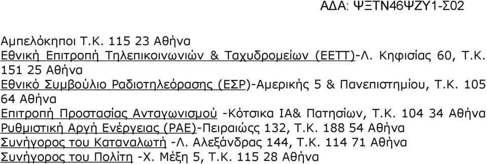 Κ. 188 54 Αθήνα Συνήγορος του Καταναλωτή -Λ. Αλεξάνδρας 144, Τ.Κ. 114 71 Αθήνα Συνήγορος του Πολίτη -X. Μέξη 5, Τ.