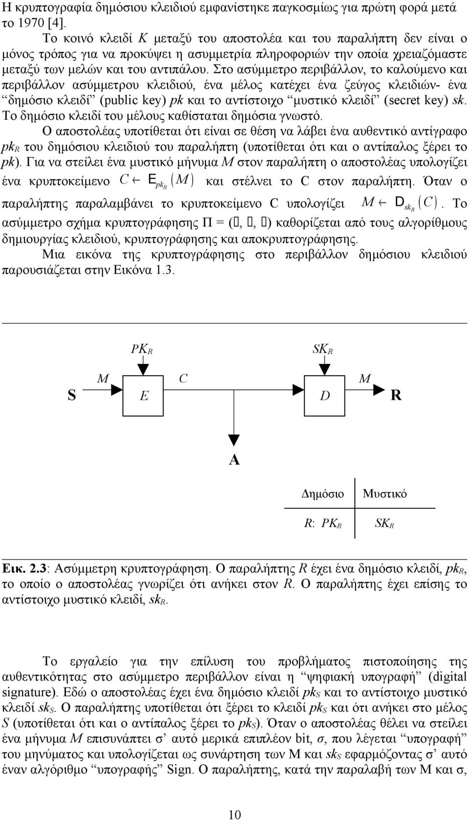 Στο ασύμμετρο περιβάλλον, το καλούμενο και περιβάλλον ασύμμετρου κλειδιού, ένα μέλος κατέχει ένα ζεύγος κλειδιών- ένα δημόσιο κλειδί (public key) pk και το αντίστοιχο μυστικό κλειδί (secret key) sk.