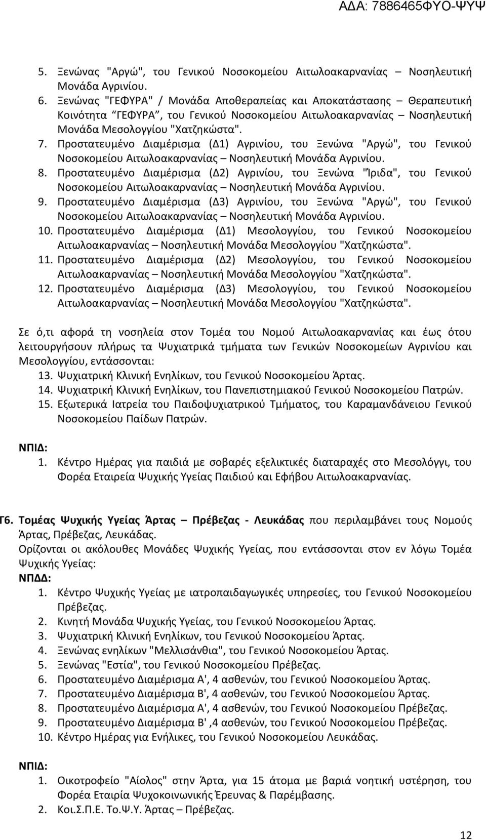 Προστατευμένο Διαμέρισμα (Δ1) Αγρινίου, του Ξενώνα "Αργώ", του Γενικού Νοσοκομείου Αιτωλοακαρνανίας Νοσηλευτική Μονάδα Αγρινίου. 8.