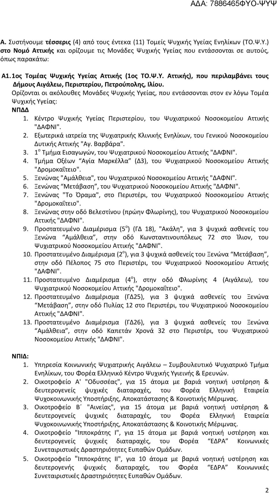 Κέντρο Ψυχικής Υγείας Περιστερίου, του Ψυχιατρικού Νοσοκομείου Αττικής "ΔΑΦΝΙ". 2. Εξωτερικά ιατρεία της Ψυχιατρικής Κλινικής Ενηλίκων, του Γενικού Νοσοκομείου Δυτικής Αττικής "Αγ. Βαρβάρα". 3.