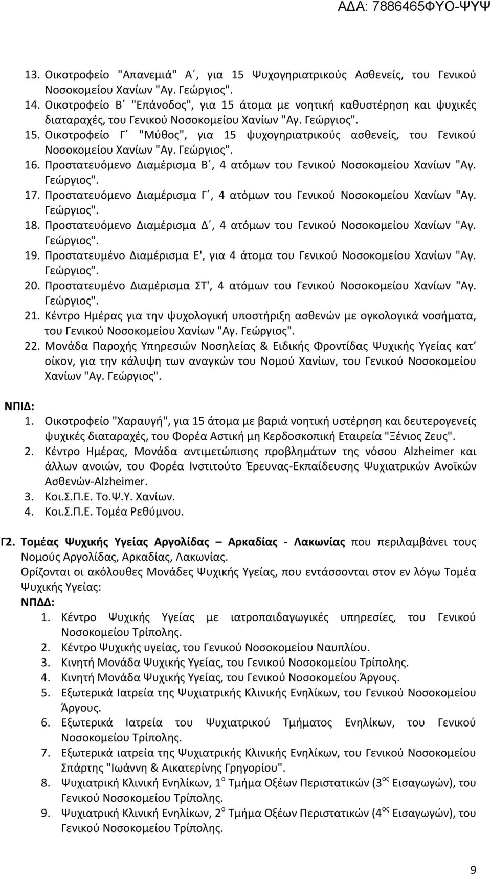 Γεώργιος". 16. Προστατευόμενο Διαμέρισμα Β, 4 ατόμων του Γενικού Νοσοκομείου Χανίων "Αγ. Γεώργιος". 17. Προστατευόμενο Διαμέρισμα Γ, 4 ατόμων του Γενικού Νοσοκομείου Χανίων "Αγ. Γεώργιος". 18.