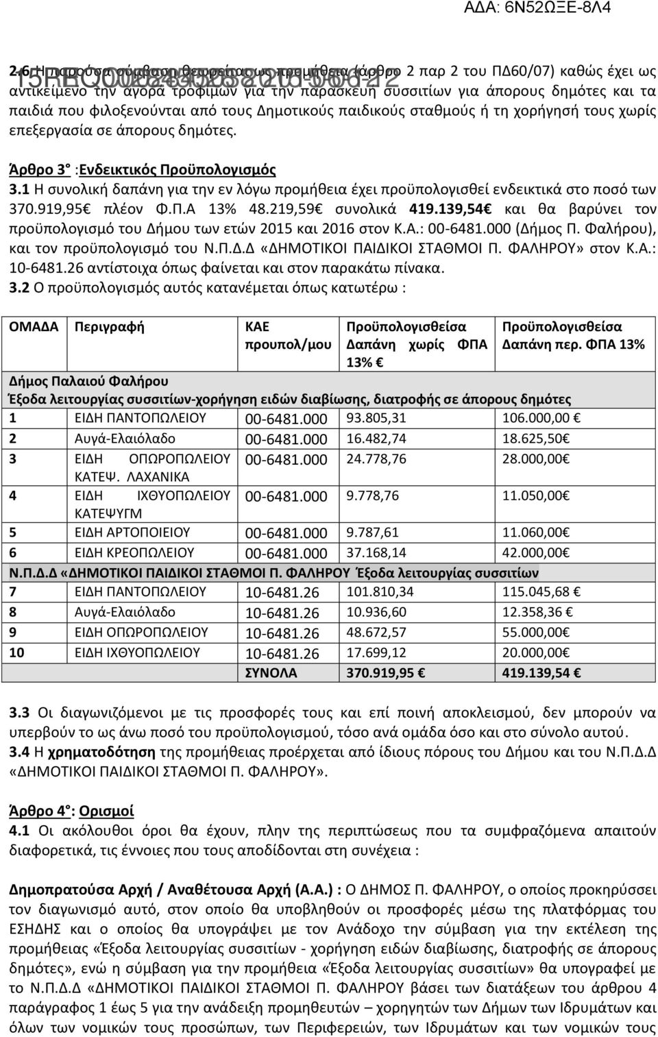 1 Η συνολική δαπάνη για την εν λόγω προμήθεια έχει προϋπολογισθεί ενδεικτικά στο ποσό των 370.919,95 πλέον Φ.Π.Α 13% 48.219,59 συνολικά 419.