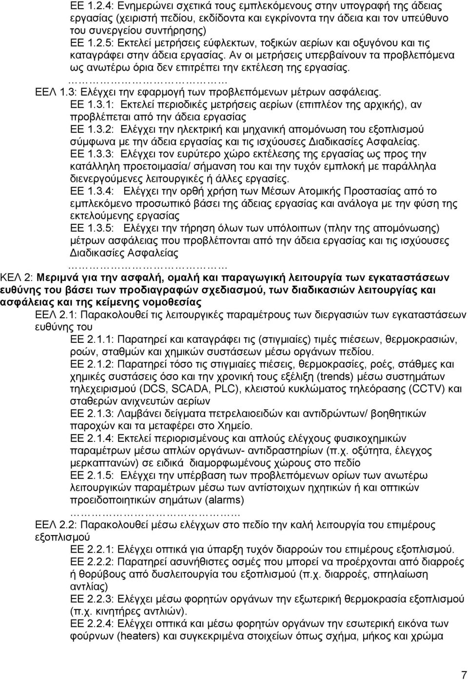 Ελέγχει την εφαρμογή των προβλεπόμενων μέτρων ασφάλειας. ΕΕ 1.3.1: Εκτελεί περιοδικές μετρήσεις αερίων (επιπλέον της αρχικής), αν προβλέπεται από την άδεια εργασίας ΕΕ 1.3.2: Ελέγχει την ηλεκτρική και μηχανική απομόνωση του εξοπλισμού σύμφωνα με την άδεια εργασίας και τις ισχύουσες Διαδικασίες Ασφαλείας.