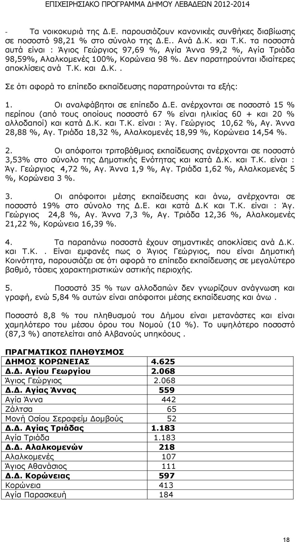 Νη αλαιθάβεηνη ζε επίπεδν Γ.Δ. αλέξρνληαη ζε πνζνζηφ 15 % πεξίπνπ (απφ ηνπο νπνίνπο πνζνζηφ 67 % είλαη ειηθίαο 60 + θαη 20 % αιινδαπνί) θαη θαηά Γ.Θ. θαη Ρ.Θ. είλαη : Άγ. Γεψξγηνο 10,62 %, Αγ.