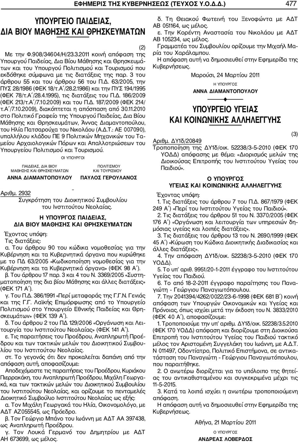 3 του άρθρου 55 και του άρθρου 56 του Π.Δ. 63/2005, την ΠΥΣ 28/1986 (ΦΕΚ 18/τ.Α /28.2.1986) και την ΠΥΣ 194/1995 (ΦΕΚ 78/τ.Α /28.4.1995), τις διατάξεις του Π.Δ. 186/2009 (ΦΕΚ 213/τ.Α /7.10.