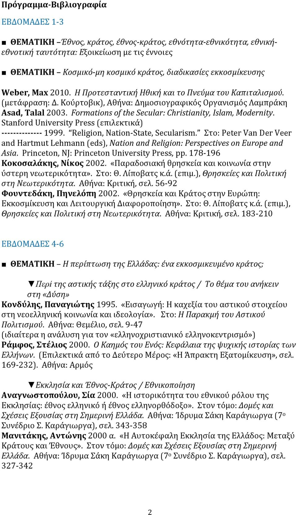 Formations of the Secular: Christianity, Islam, Modernity. Stanford University Press (επιλεκτικά) -------------- 1999. Religion, Nation-State, Secularism.