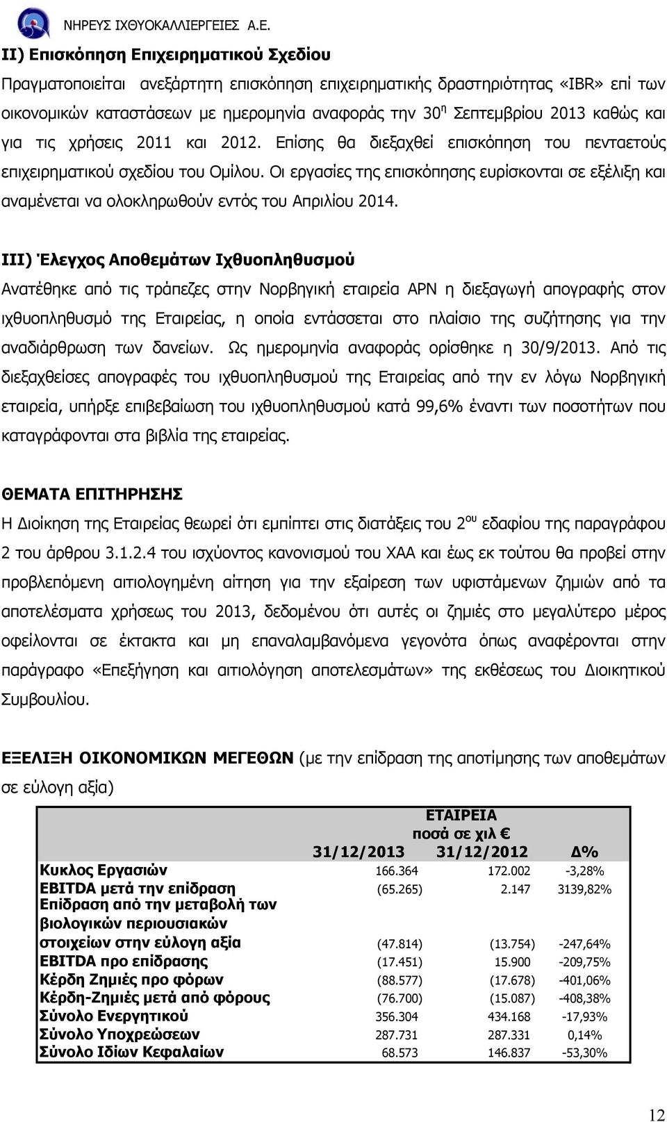 Οι εργασίες της επισκόπησης ευρίσκονται σε εξέλιξη και αναµένεται να ολοκληρωθούν εντός του Απριλίου 2014.