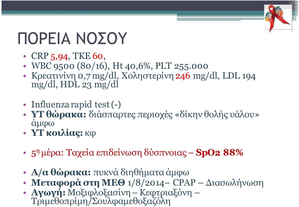 θώρακα: διάσπαρτες περιοχές «δίκην θολής υάλου» άµφω ΥΤ κοιλίας: κφ 5 η µέρα: Ταχεία επιδείνωση δύσπνοιας