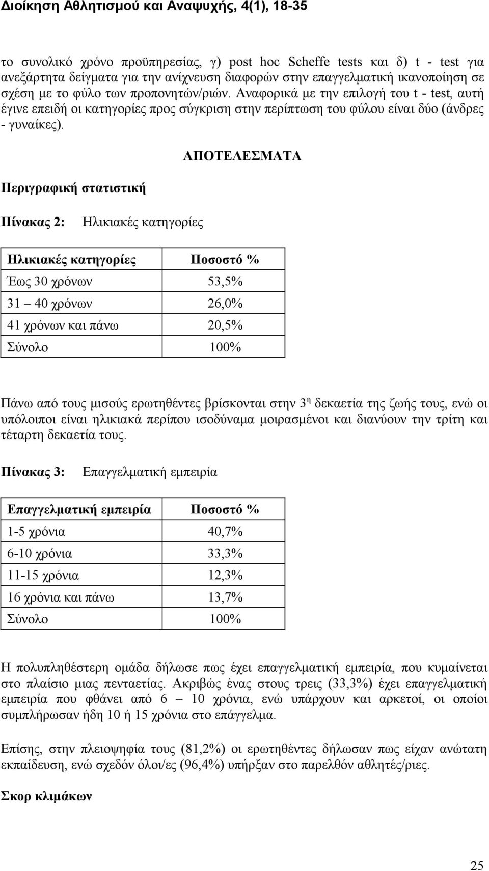 Περιγραφική στατιστική ΑΠΟΤΕΛΕΣΜΑΤΑ Πίνακας 2: Ηλικιακές κατηγορίες Ηλικιακές κατηγορίες Ποσοστό % Έως 30 χρόνων 53,5% 31 40 χρόνων 26,0% 41 χρόνων και πάνω 20,5% Σύνολο 100% Πάνω από τους μισούς