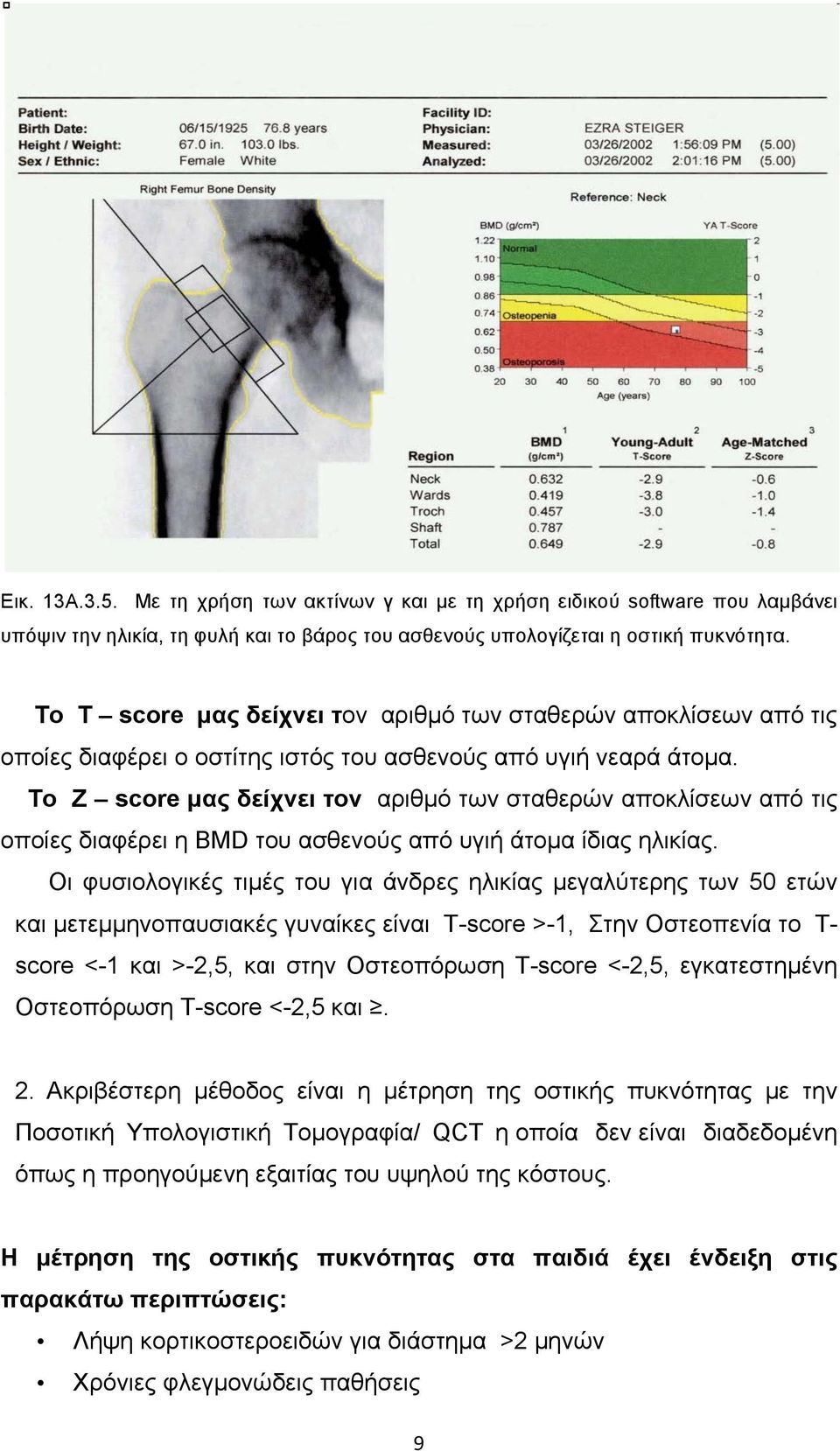 Το Z score µας δείχνει τον αριθµό των σταθερών αποκλίσεων από τις οποίες διαφέρει η BMD του ασθενούς από υγιή άτοµα ίδιας ηλικίας.