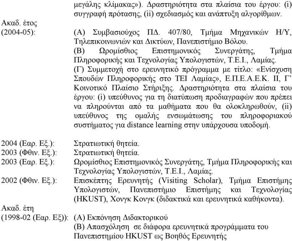 (Γ) Συμμετοχή στο ερευνητικό πρόγραμμα με τίτλο: «Ενίσχυση Σπουδών Πληροφορικής στο ΤΕΙ Λαμίας», Ε.Π.Ε.Α.Ε.Κ. ΙΙ, Γ Κοινοτικό Πλαίσιο Στήριξης.