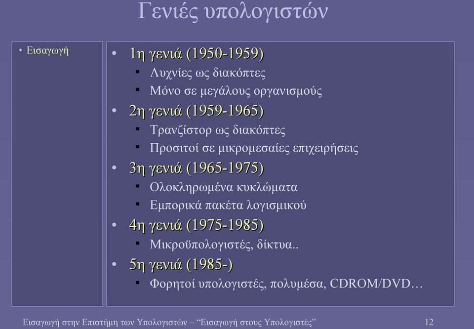 Ολοκληρωμένα κυκλώματα Εμπορικά πακέτα λογισμικού 4η γενιά (1975-1985) Μικροϋπολογιστές, δίκτυα.