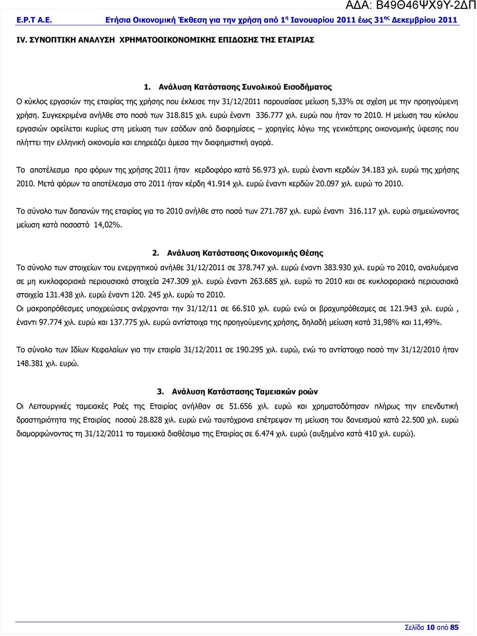 Συγκεκριμένα ανήλθε στο ποσό των 318.815 χιλ. ευρώ έναντι 336.777 χιλ. ευρώ που ήταν το 2010.