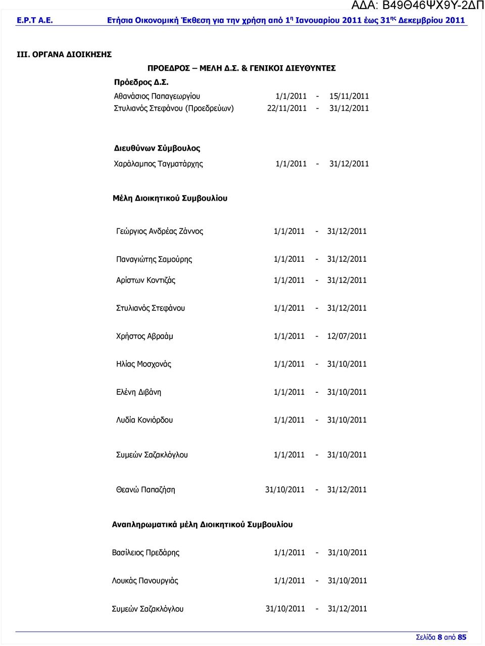 Ταγματάρχης 1/1/2011-31/12/2011 Μέλη Διοικητικού Συμβουλίου Γεώργιος Ανδρέας Ζάννος 1/1/2011-31/12/2011 Παναγιώτης Σαμούρης 1/1/2011-31/12/2011 Αρίστων Κοντιζάς 1/1/2011-31/12/2011 Στυλιανός Στεφάνου