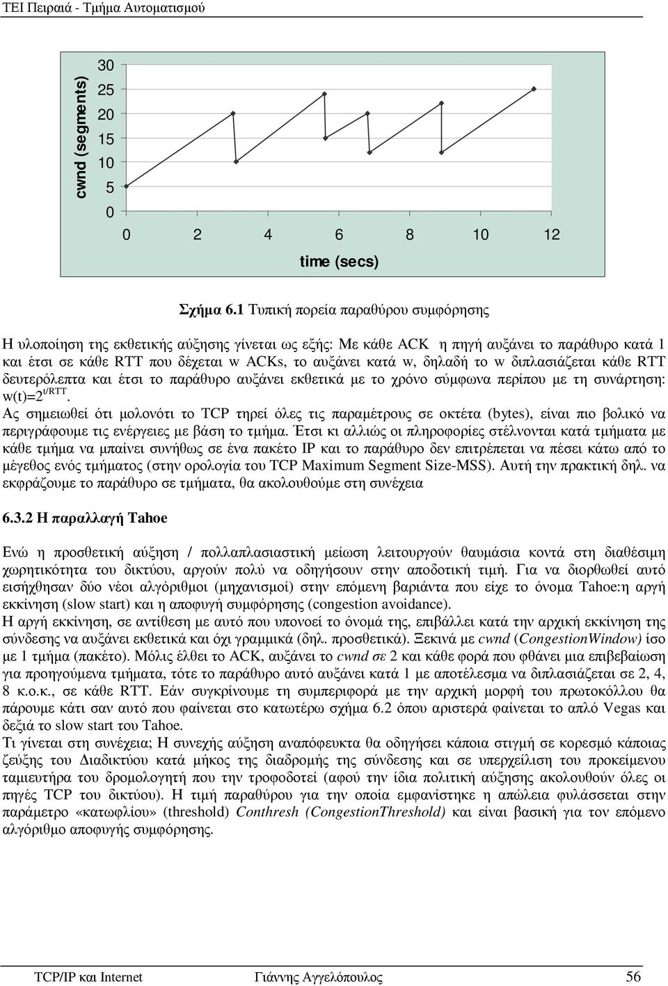 δηλαδή το w διπλασιάζεται κάθε RTT δευτερόλεπτα και έτσι το παράθυρο αυξάνει εκθετικά µε το χρόνο σύµφωνα περίπου µε τη συνάρτηση: w(t)=2 t/rtt.