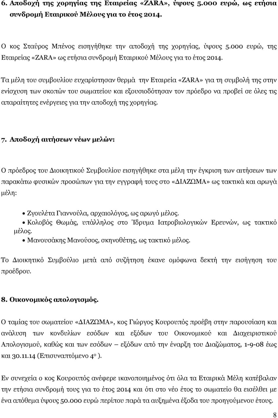 Τα μέλη του συμβουλίου ευχαρίστησαν θερμά την Εταιρεία «ΖΑRA» για τη συμβολή της στην ενίσχυση των σκοπών του σωματείου και εξουσιοδότησαν τον πρόεδρο να προβεί σε όλες τις απαραίτητες ενέργειες για