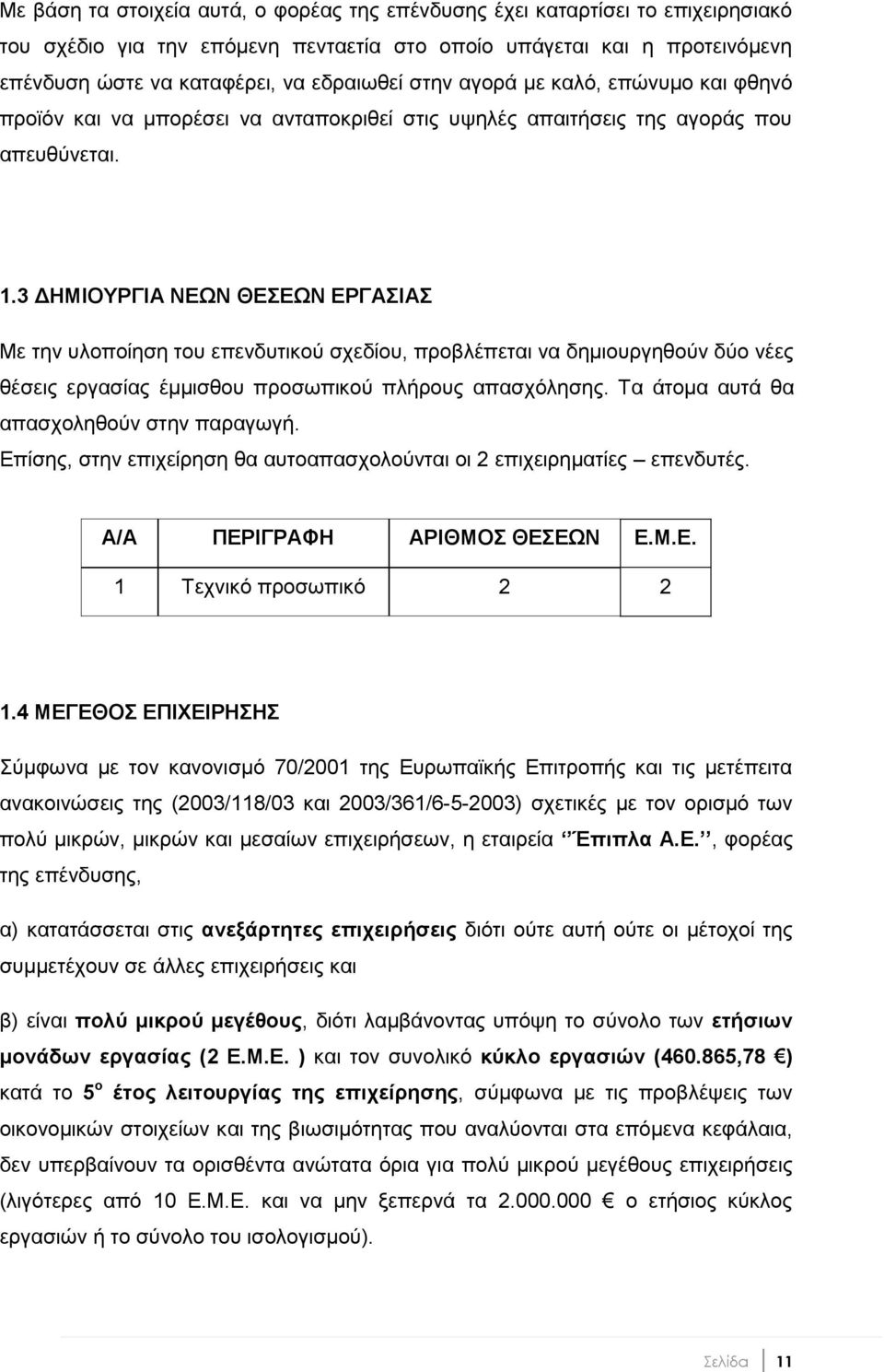 3 ΓΖΜΗΟΤΡΓΗΑ ΝΔΩΝ ΘΔΔΩΝ ΔΡΓΑΗΑ Με ηελ πινπνίεζε ηνπ επελδπηηθνχ ζρεδίνπ, πξνβιέπεηαη λα δεκηνπξγεζνχλ δχν λέεο ζέζεηο εξγαζίαο έκκηζζνπ πξνζσπηθνχ πιήξνπο απαζρφιεζεο.