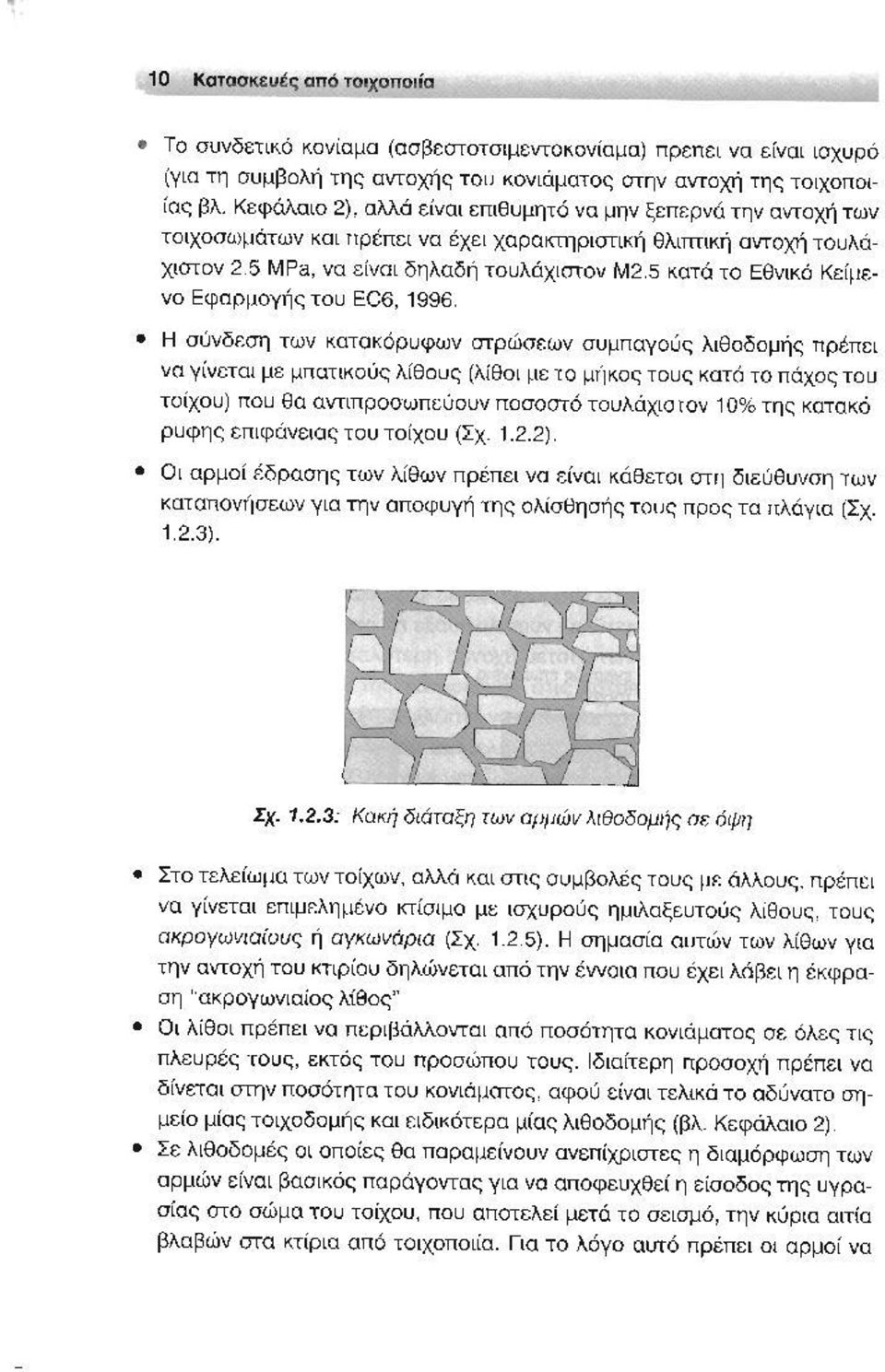 5 κοτά το Εθ νικό Κείμενο Εφαρ μογής του EC6, 1996 Η σύνδεση των κοτοκόριιφων στρώσεων συμπαγούς λιθοδομής πρέπει να γίνετ αι μc μπατικούς λίθους (λίθοι με 10 μήκος του ς κατά το πάχος το υ τοίχου)