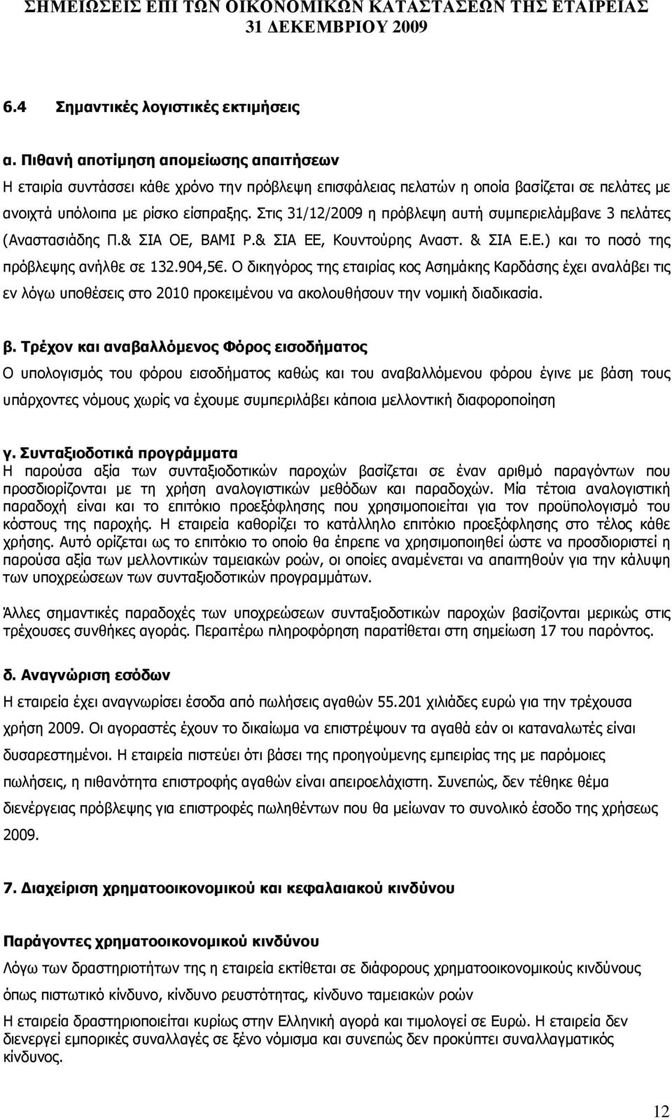 Στις 31/12/2009 η πρόβλεψη αυτή συµπεριελάµβανε 3 πελάτες (Αναστασιάδης Π.& ΣΙΑ ΟΕ, ΒΑΜΙ P.& ΣΙΑ ΕΕ, Κουντούρης Αναστ. & ΣΙΑ Ε.Ε.) και το ποσό της πρόβλεψης ανήλθε σε 132.904,5.