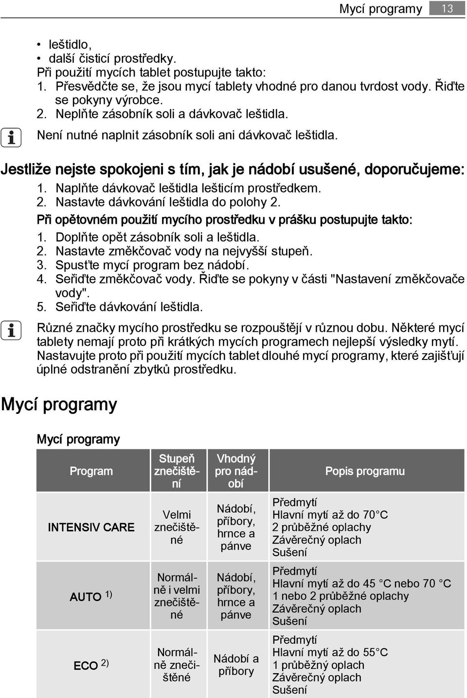 Naplňte dávkovač leštidla lešticím prostředkem. 2. Nastavte dávkování leštidla do polohy 2. Při opětovném použití mycího prostředku v prášku postupujte takto: 1. Doplňte opět zásobník soli a leštidla.