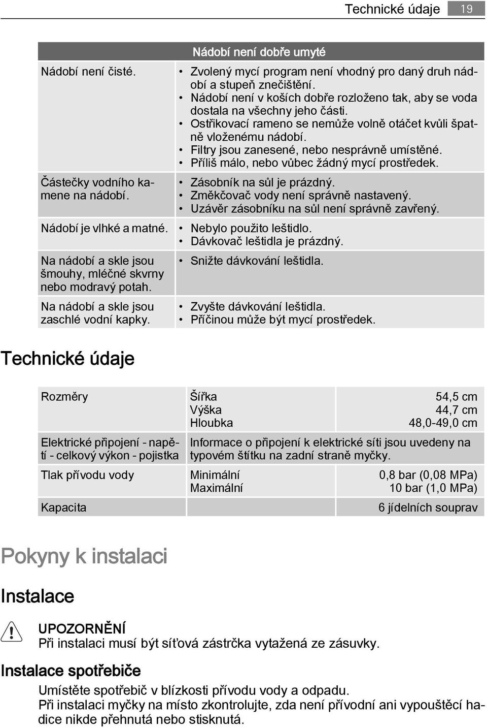 Nádobí není v koších dobře rozloženo tak, aby se voda dostala na všechny jeho části. Ostřikovací rameno se nemůže volně otáčet kvůli špatně vloženému nádobí.