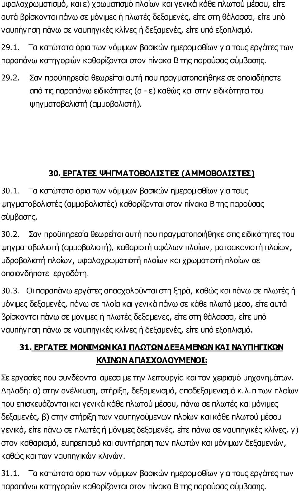 30. ΕΡΓΑΤΕΣ ΨΗΓΜΑΤΟΒΟΛΙΣΤΕΣ (ΑΜΜΟΒΟΛΙΣΤΕΣ) 30.1. Τα κατώτατα όρια των νόµιµων βασικών ηµεροµισθίων για τους ψηγµατοβολιστές (αµµοβολιστές) καθορίζονται στον πίνακα Β της παρούσας σύµβασης. 30.2.