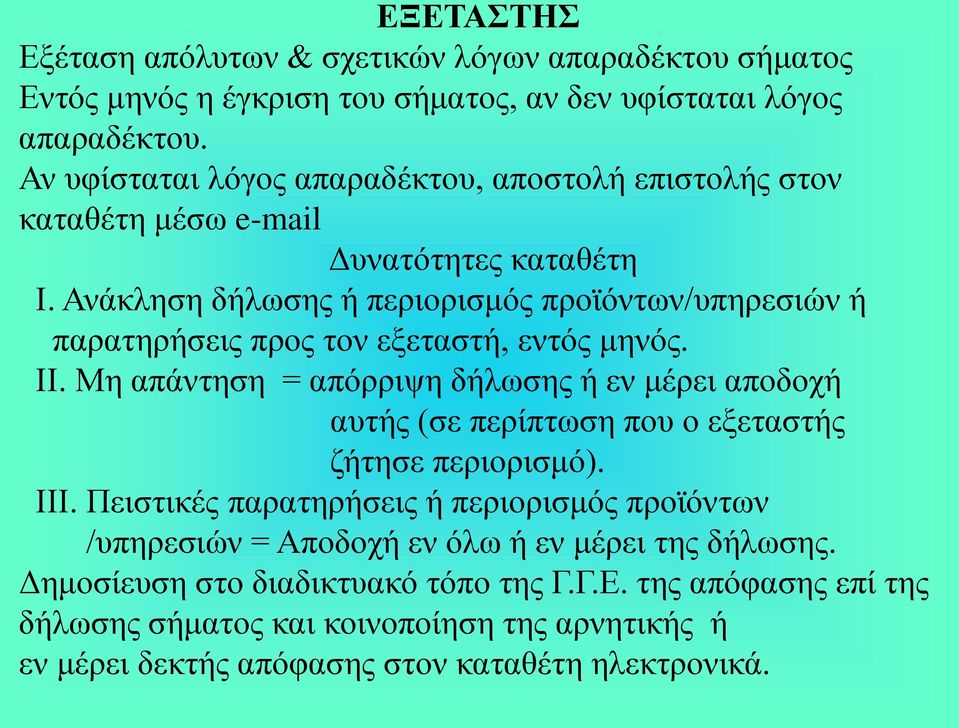 Ανάκληση δήλωσης ή περιορισμός προϊόντων/υπηρεσιών ή παρατηρήσεις προς τον εξεταστή, εντός μηνός. ΙΙ.