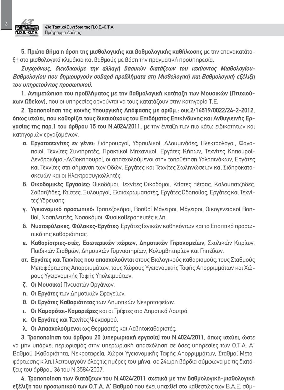 Αντιμετώπιση του προβλήματος με την βαθμολογική κατάταξη των Μουσικών (Πτυχιούχων Ωδείων), που οι υπηρεσίες αρνούνται να τους κατατάξουν στην κατηγορία Τ.Ε. 2.