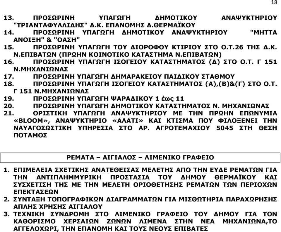 ΠΡΟΣΩΡΙΝΗ ΥΠΑΓΩΓΗ ΙΣΟΓΕΙΟΥ ΚΑΤΑΣΤΗΜΑΤΟΣ (Α),(Β)&(Γ) ΣΤΟ Ο.Τ. Γ 151 Ν.ΜΗΧΑΝΙΩΝΑΣ 19. ΠΡΟΣΩΡΙΝΗ ΥΠΑΓΩΓΗ ΨΑΡΑ ΙΚΟΥ 1 έως 11 20. ΠΡΟΣΩΡΙΝΗ ΥΠΑΓΩΓΗ ΗΜΟΤΙΚΟΥ ΚΑΤΑΣΤΗΜΑΤΟΣ Ν. ΜΗΧΑΝΙΩΝΑΣ 21.