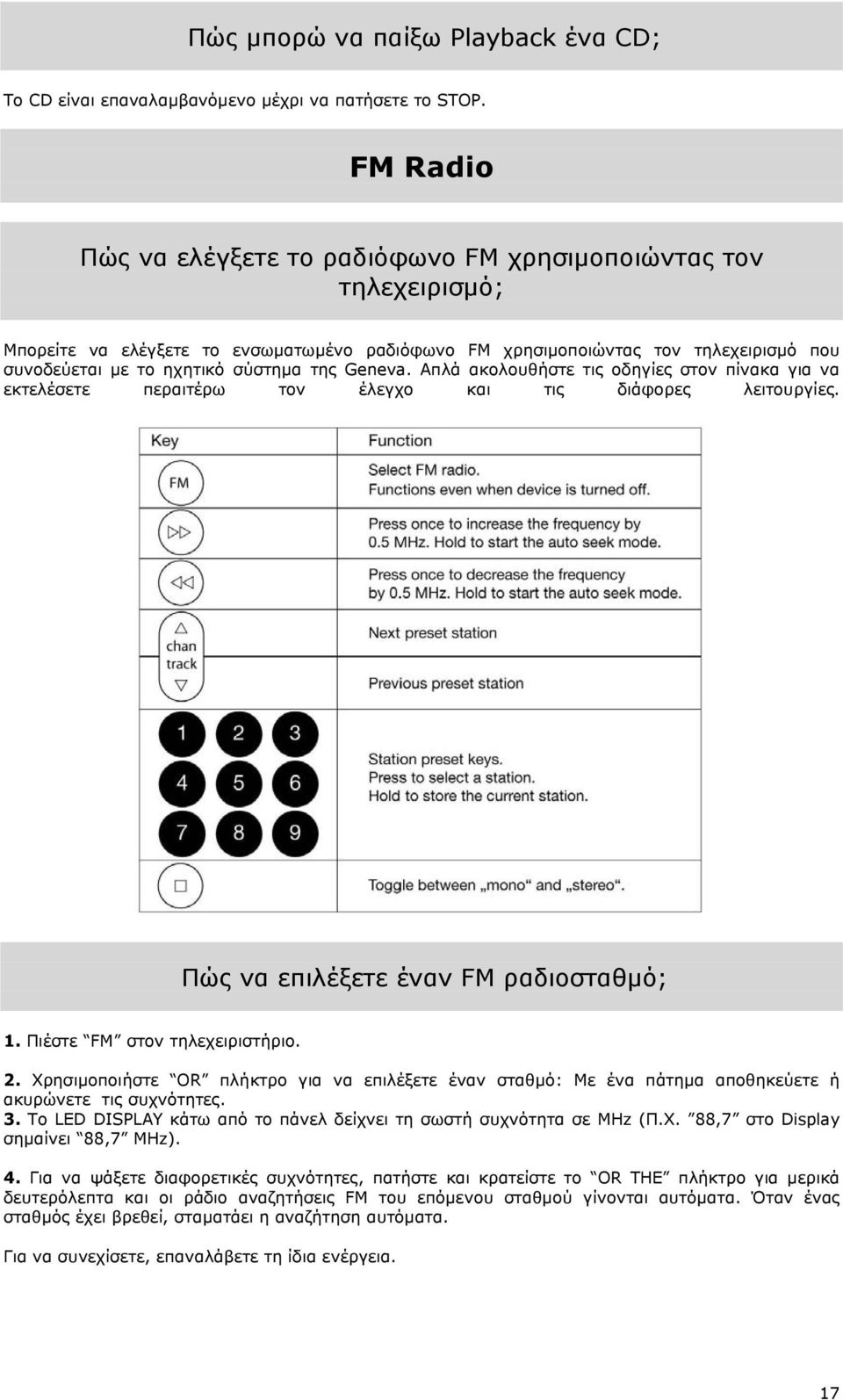 Geneva. Απλά ακολουθήστε τις οδηγίες στον πίνακα για να εκτελέσετε περαιτέρω τον έλεγχο και τις διάφορες λειτουργίες. Πώς να επιλέξετε έναν FM ραδιοσταθμό; 1. Πιέστε FM στον τηλεχειριστήριο. 2.