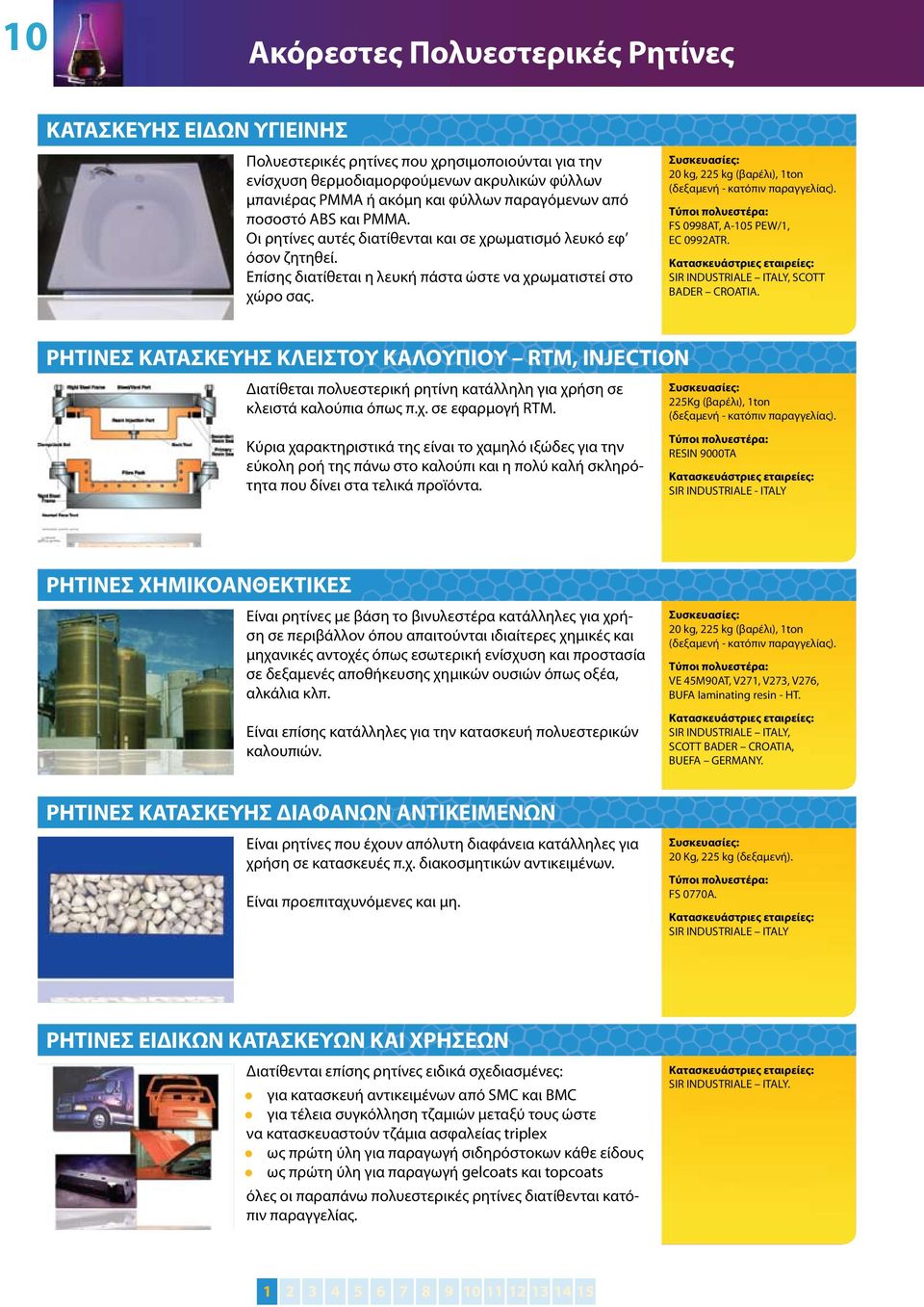 Συσκευασίες: 20 kg, 225 kg (βαρέλι), ton (δεξαμενή - κατόπιν παραγγελίας). Τύποι πολυεστέρα: FS 0998AT, A-05 PEW/, EC 0992ATR. Κατασκευάστριες εταιρείες: SIR INDUSTRIALE ITALY, SCOTT BADER CROATIA.