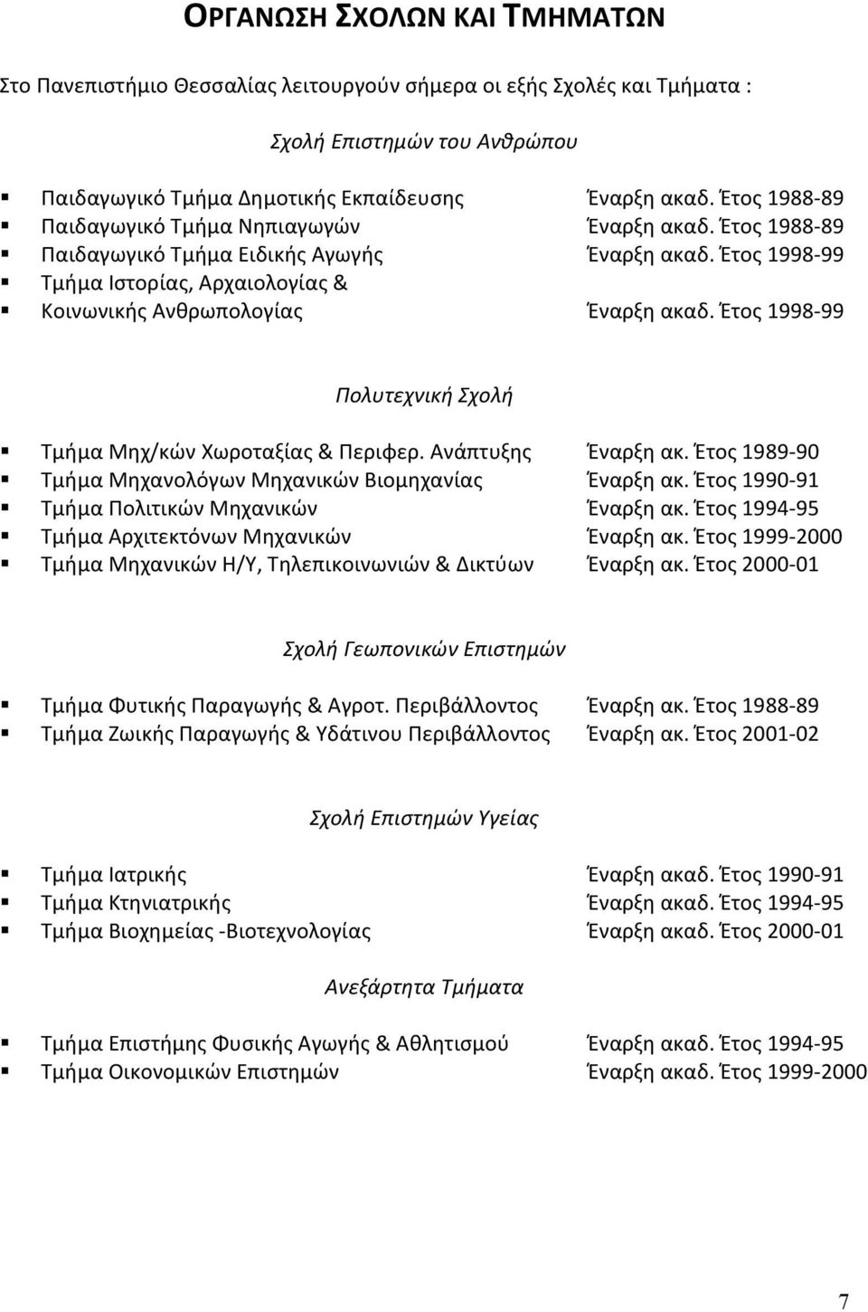 Έτος 1998-99 Πολυτεχνική Σχολή Τμήμα Μηχ/κών Χωροταξίας & Περιφερ. Ανάπτυξης Έναρξη ακ. Έτος 1989-90 Τμήμα Μηχανολόγων Μηχανικών Βιομηχανίας Έναρξη ακ.