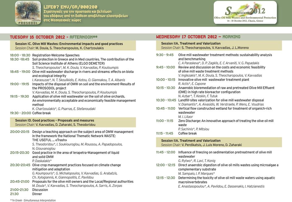 Theocharopoulos*, M. K. Doula, V. Kavvadias, P. Kouloumpis 18:45-19:00 Olive mill wastewater discharge in rivers and streams: effects on biota and ecological integrity I. Karaouzas*, N. T.