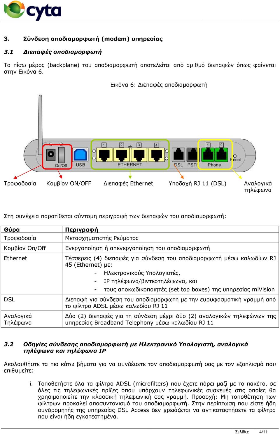 Τροφοδοσία Κοµβίον On/Off Ethernet DSL Αναλογικά Τηλέφωνα Περιγραφή Μετασχηµατιστής Ρεύµατος Ενεργοποίηση ή απενεργοποίηση του αποδιαµορφωτή Τέσσερεις (4) διεπαφές για σύνδεση του αποδιαµορφωτή µέσω