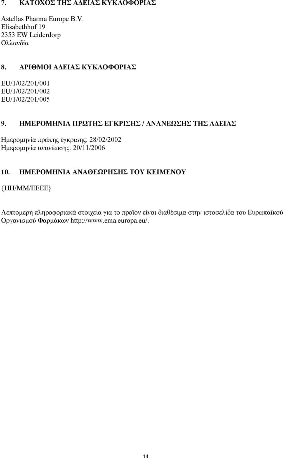 ΗΜΕΡΟΜΗΝΙΑ ΠΡΩΤΗΣ ΕΓΚΡΙΣΗΣ / ΑΝΑΝΕΩΣΗΣ ΤΗΣ ΑΔΕΙΑΣ Ημερομηνία πρώτης έγκρισης: 28/02/2002 Ημερομηνία ανανέωσης: 20/11/2006 10.