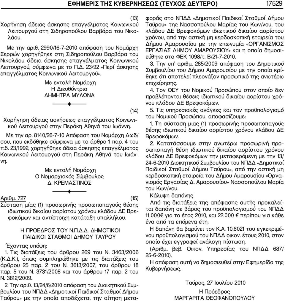 23/92 «Περί άσκησης επαγγέλματος Κοινωνικού Λειτουργού». Με εντολή Νομάρχη Η Διευθύντρια ΔΗΜΗΤΡΑ ΜΥΛΩΝΑ (14) Χορήγηση άδειας ασκήσεως επαγγέλματος Κοινωνι κού Λειτουργού στην Περάκη Αθηνά του Ιωάννη.