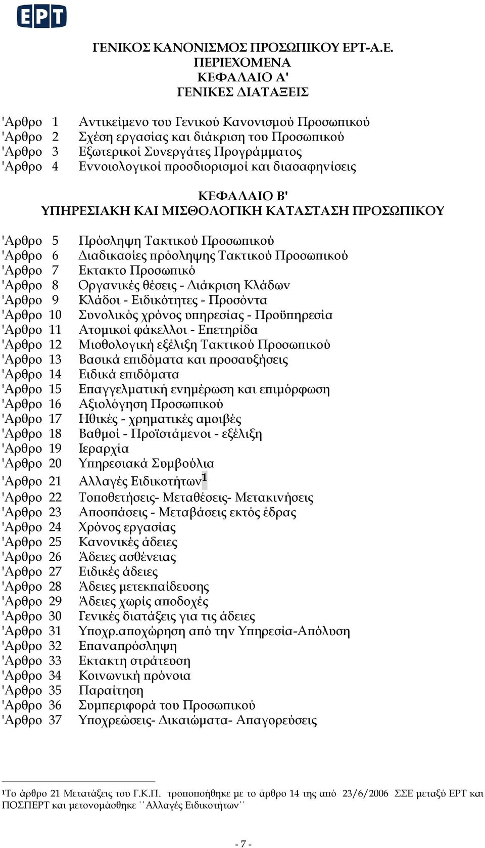 Διαδικασίες πρόσληψης Τακτικoύ Πρoσωπικoύ 'Αρθρo 7 Εκτακτo Πρoσωπικό 'Αρθρo 8 Οργαvικές θέσεις - Διάκριση Κλάδωv 'Αρθρo 9 Κλάδoι - Ειδικότητες - Πρoσόvτα 'Αρθρo 10 Συvoλικός χρόvoς υπηρεσίας -